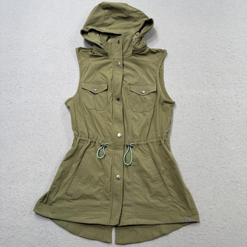 LL Bean Vest Women's Small Olive Green Snap Front Hooded Safari Hiking Utility